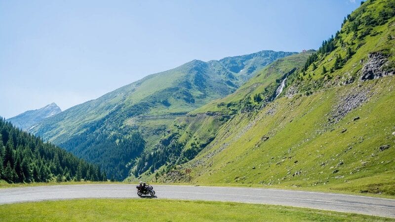 Adventure motorcycle in mountain pass