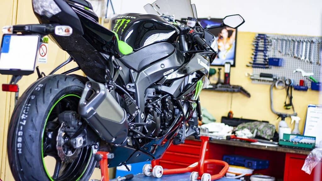 Motorcycle in garage during servicing