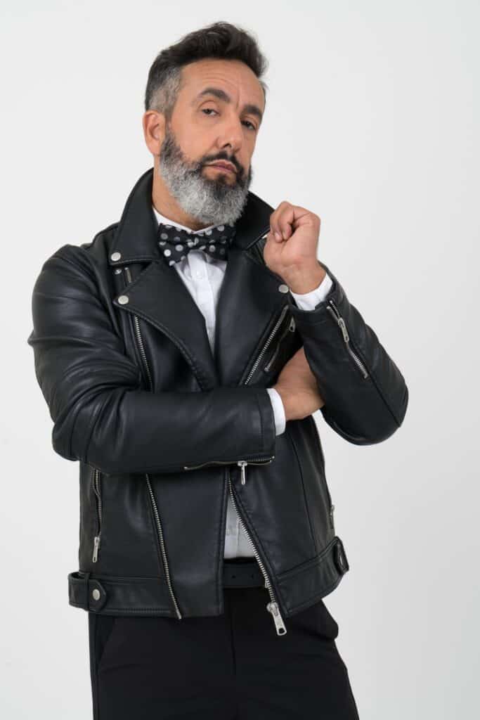 man waring faux leather motorcycle jacket